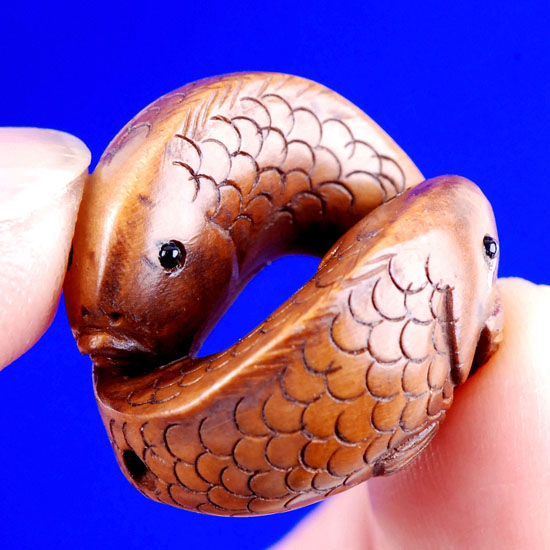 aaa0108 Japanese Boxwood Wood Ojime Bead 2 Carp Fish