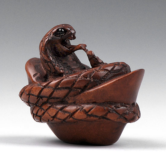 aaa0145 Japanese Boxwood Wood Ojime Bead Snake & Treasure
