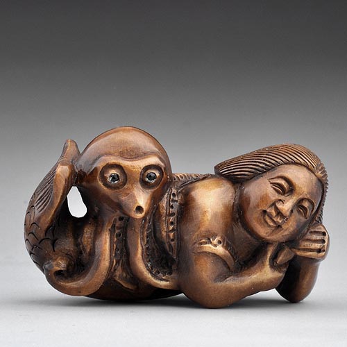   Wood Boxwood Netsuke Sculpture Carvings Octopus on Mermaid  