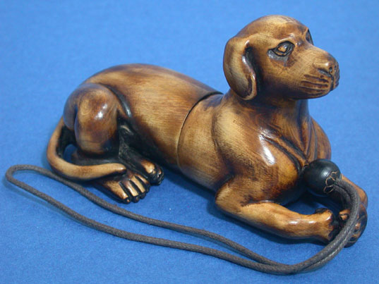 abd0022 Japanese Boxwood Wood Inro Netsuke Lovely Dog 4"
