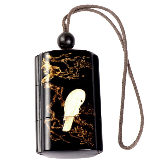 abe0002 Japanese Ivory Gold Lacquer Inro Bird On Tree