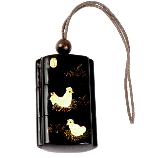 abe0008 Japanese Ivory Gold Lacquer Inro Rooster Hen