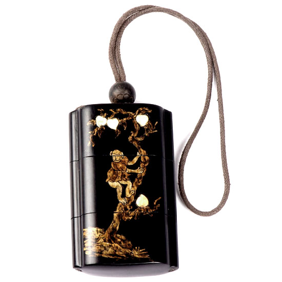 abe0021 Japanese Ivory Gold Lacquer Inro Monkey
