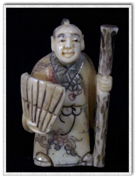 aca0033 japan bone netsuke carving god fan stick