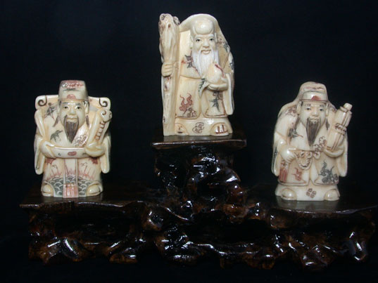 aca0047 japanese bone netsuke carving 3 god 1 set
