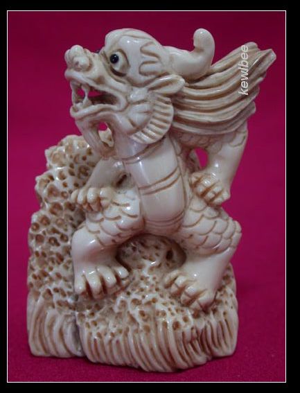 adb0733 Fine Genuine Mammoth Ivory Netsuke Dragon On Wave