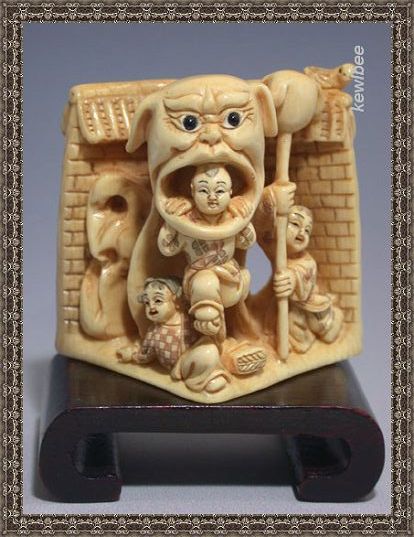 adb0772 Fine Genuine Mammoth Ivory Netsuke 3 Boy Lion Dance