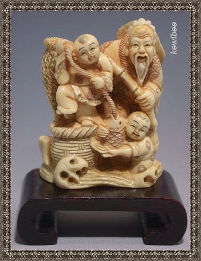 adb0774 Fine Genuine Mammoth Ivory Netsuke Man 2 Boy Basket