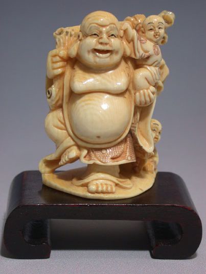 adb0799 Fine Genuine Mammoth Ivory Netsuke Happy Buddha 2 Kid