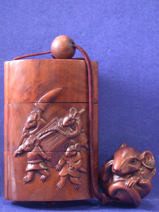bwi0067 japanese boxwood netsuke inro mouse 3.5"