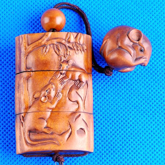 bwi0074 Japanese Boxwood Netsuke Inro 4 Mouse Tree