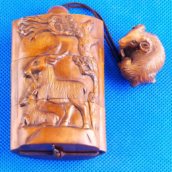 bwi0083 Japanese Boxwood Wood Netsuke Inro Sheep Goat 3.5"