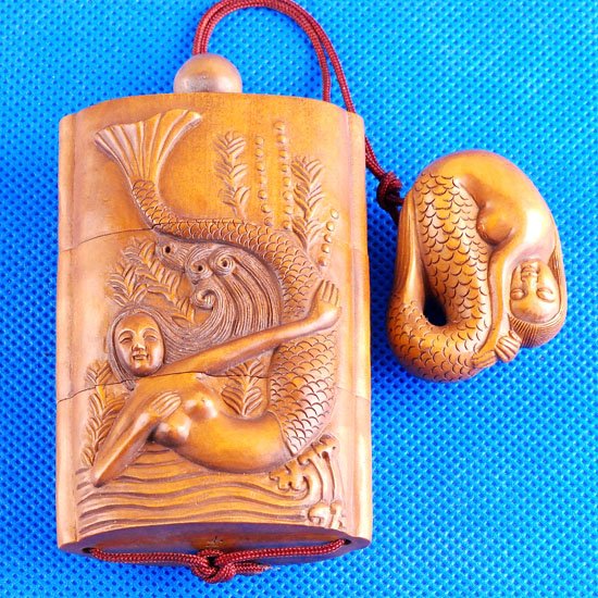 bwi0084 Japanese Boxwood Wood Netsuke Inro Mermaid Lady 3.5"