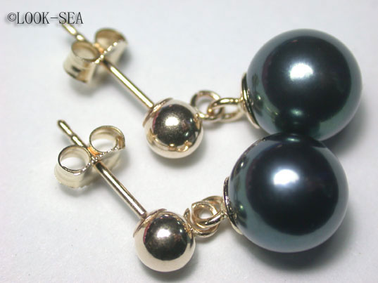dae038n 8mm 14KY Gold Black Akoya Pearl Dangle Earrings