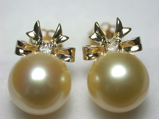 dae046w 8mm Real Golden Pearl Diamond Earrings 18K Gold