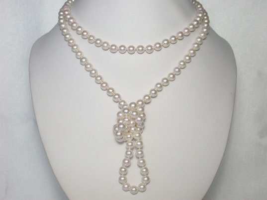 dand004 7.5mm white Akoya Pearl Necklace 50" 14K Y Gold