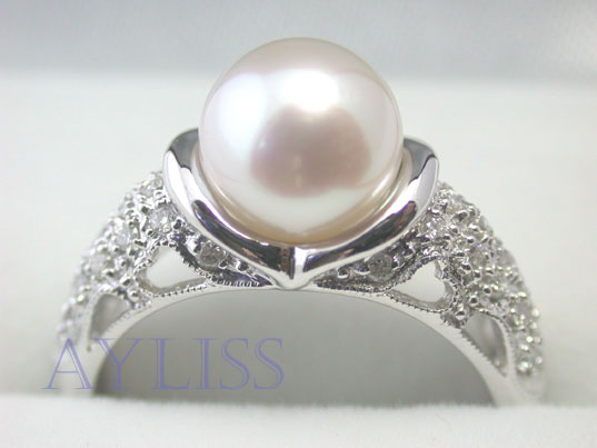 dar013u 18K G White 8.5mm Akoya Pearl Diamond Ring #6.5