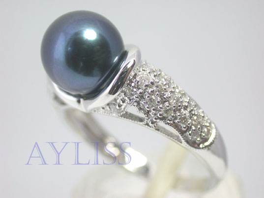 dar013v 18K G Black 8.5mm Akoya Pearl Diamond Ring #6