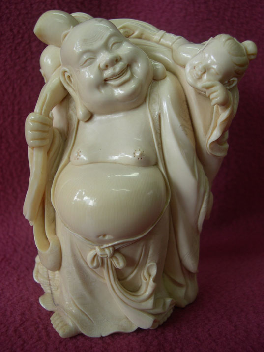 kkm0170 Mammoth Ivory Carving Netsuke Buddha Boy 4"