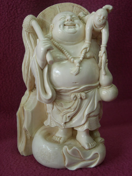 kkm0172 Mammoth Ivory Carving Netsuke Buddha Boy 4.75"