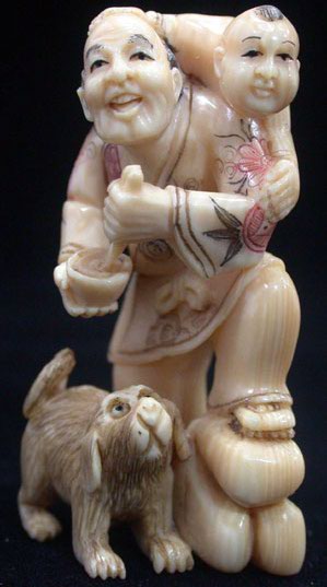 11312940 Fine Genuine Mammoth Ivory Netsuke Man Boy Play