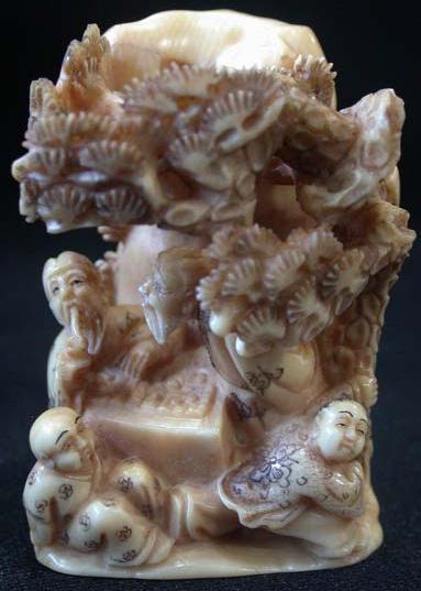 i203 Japanese Mammoth Ivory Netsuke 2 Boy God Under Arbor