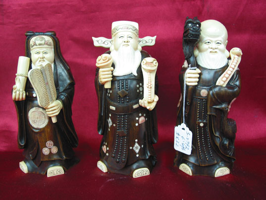 kkm3134 large wood ivory carving netsuke 3 god man 6"