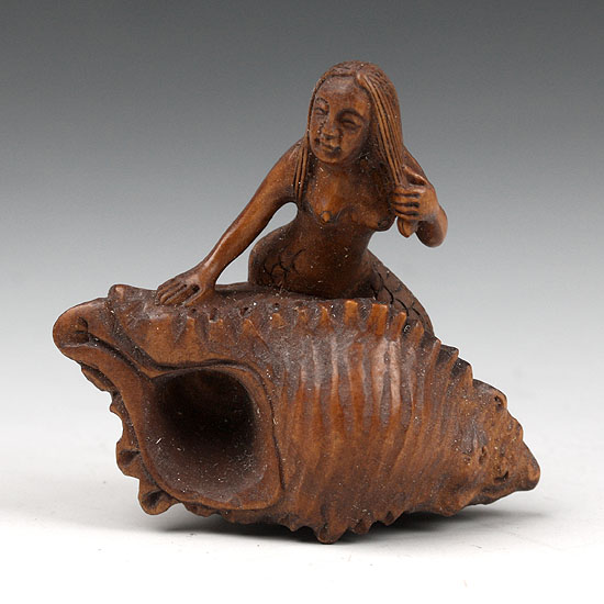 1111924 Japanese Boxwood Wood Netsuke Mermaid On Shell