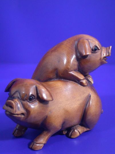 1111946 Japanese Boxwood Wood Netsuke 2 Fat Pig