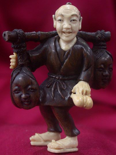 win4055 Ebony Wood Mammoth Ivory Netsuke Man Sell Mask