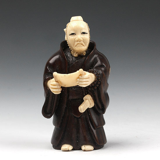 win4056 Ebony Wood Mammoth Ivory Netsuke Samurai Scroll